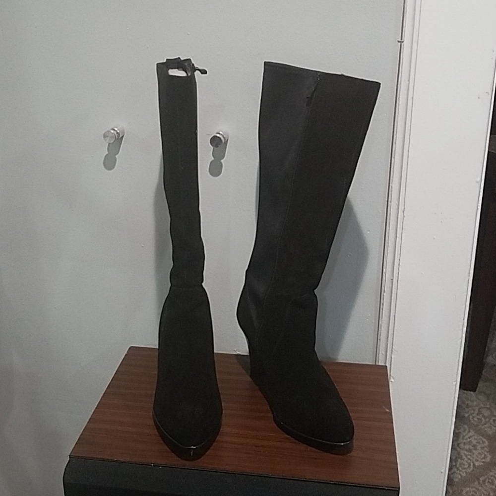 Black suede wide calf knee boots